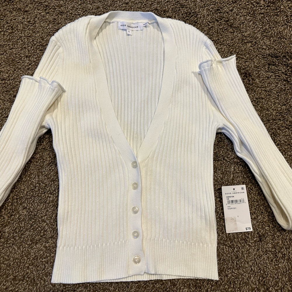 Good American Essentials Cropped Cardigan Ribbed Ivory Vneck Size 1/Small